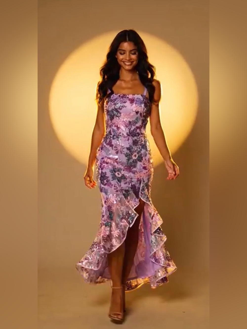 Boston Proper Lavender Floral Sequin Evening Dress Ruffle Hem 18